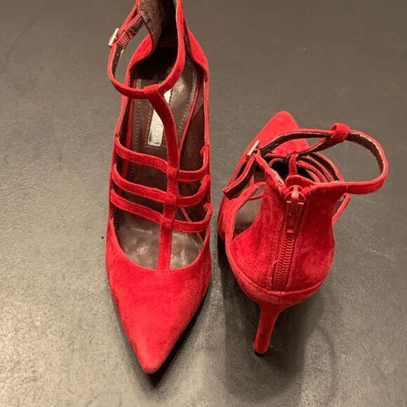 BCBGeneration Women's Suede Leather Pointed Toe Strappy Stiletto Pumps Red Sz 6M - Picture 1 of 9